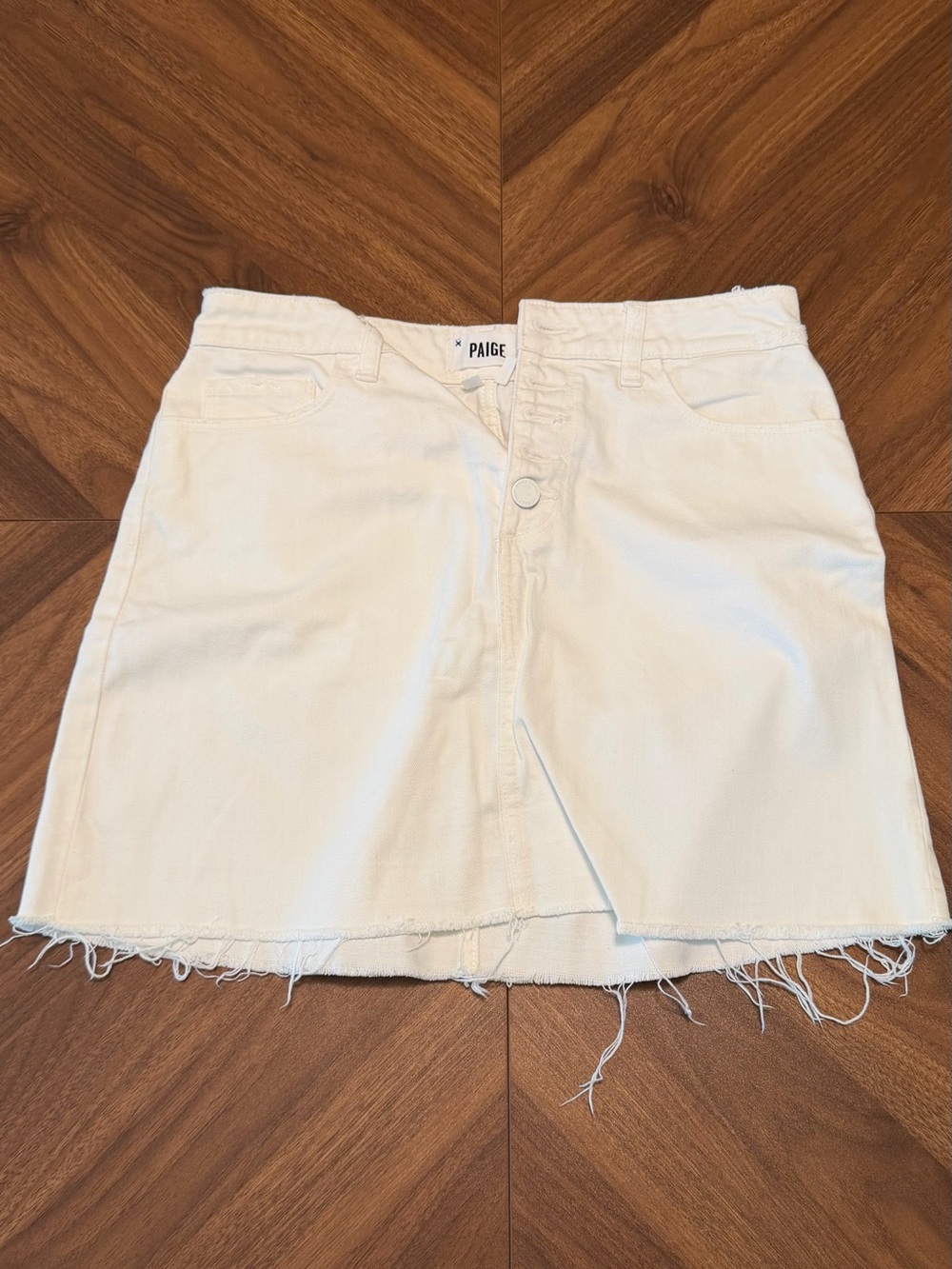 PAIGE Off-White Denim Mini Skirt with Frayed Hem